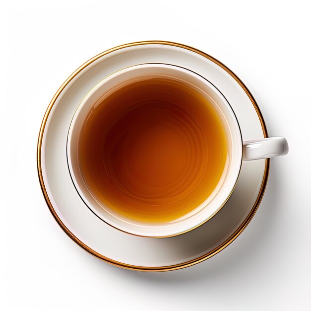 Foto una taza de té está en un platillo con un fondo blanco