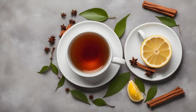 una taza de té y un platillo con limones y hojas en una mesa