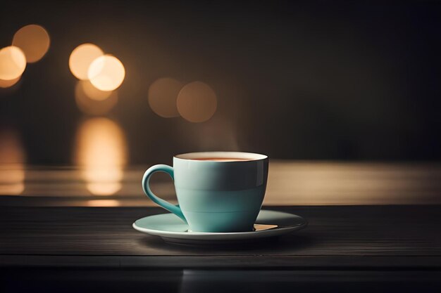 una taza de té en un platillo con una luz de fondo.