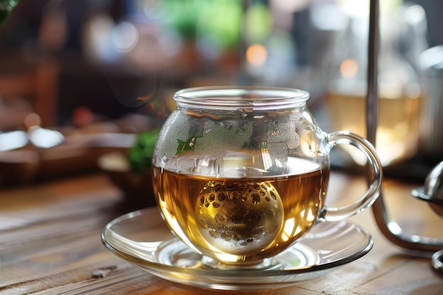 Una taza de té en un platillo en una mesa