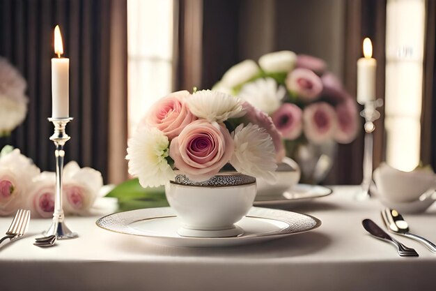 Una taza de té y un platillo con una rosa rosa en la parte superior.