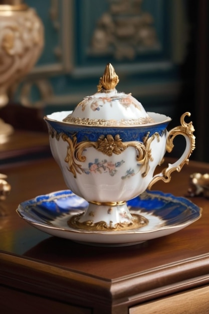 Foto una taza de té y un platillo con una tapa azul y blanca que dice la palabra en ella