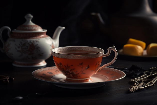 Una taza de té y un plato con un diseño floral.