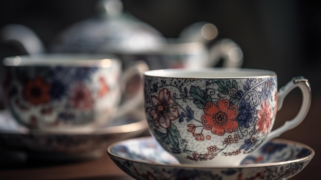 Una taza de té y un plato con motivos florales