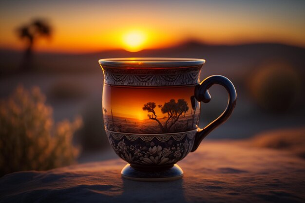 Una taza de té con una puesta de sol de fondo