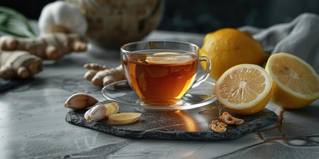 Una taza de té con rebanadas de limón y una pequeña cantidad de ajo