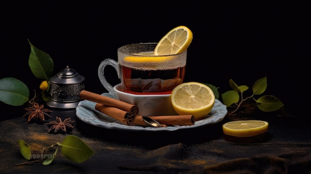 Una taza de té con rodajas de limón en un plato