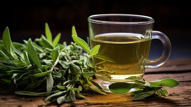 Taza de té de salvia recién hecha Té de hierbas Hojas líquidas de salvia en una mesa de madera Generar IA