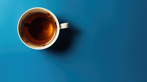 Una taza de té se sienta en una mesa azul.