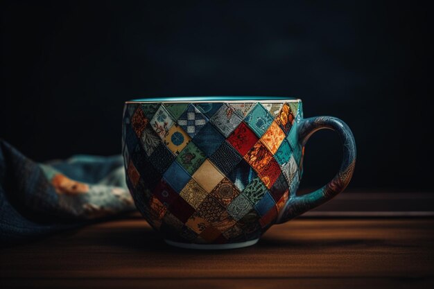 Una taza de té se sienta en una mesa con un fondo oscuro.