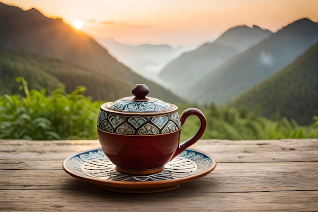 Una taza de té se sienta en una mesa frente a una cadena montañosa.