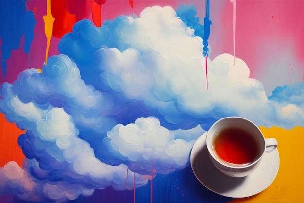 Una taza de té se sienta en un platillo al lado de una nube con una nube.