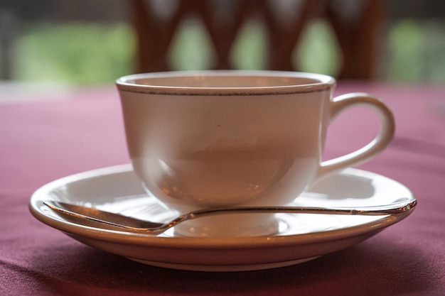 Una taza de té se sienta en un platillo con una cuchara de plata.