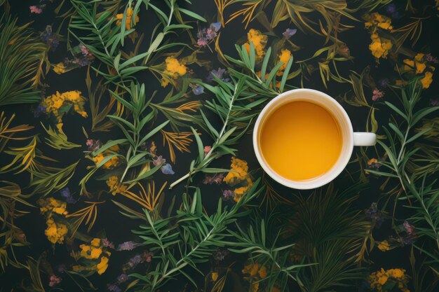 Taza de té sobre un fondo de hierbas de té