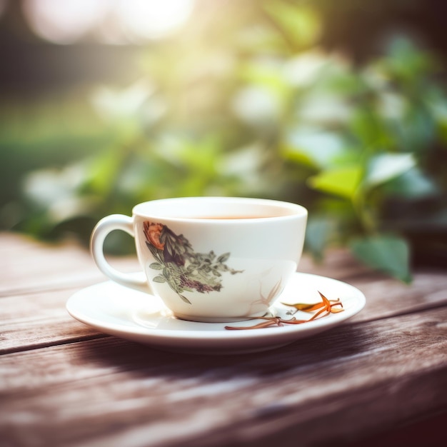 Taza de té sobre fondo natural Ilustración AI GenerativexD