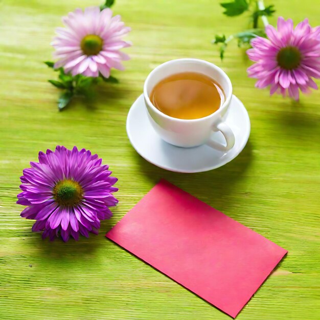 una taza de té y una tarjeta roja con una tarjeta rosa en ella