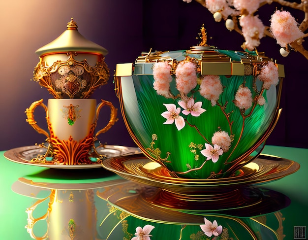 Una taza de té y una taza de té con flores.