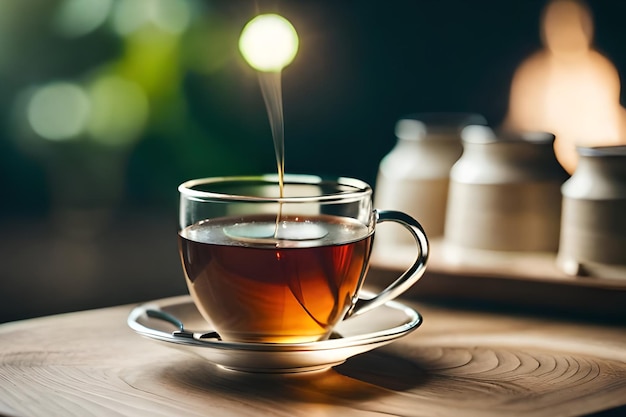 Una taza de té con una taza de té en una mesa de madera