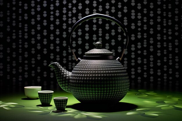 Taza de té y tazas de té sobre un fondo verde oscuro