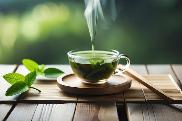 una taza de té con un té verde de fondo