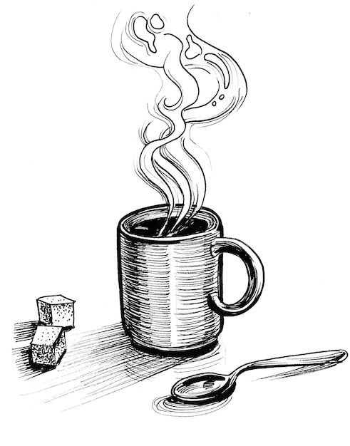 Taza de té y terrones de azúcar. Dibujo a tinta en blanco y negro