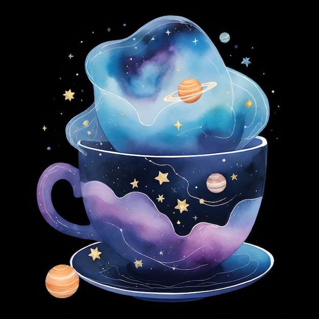 Foto una taza de té transparente con un tema de galaxia llena de estrellas y planetas