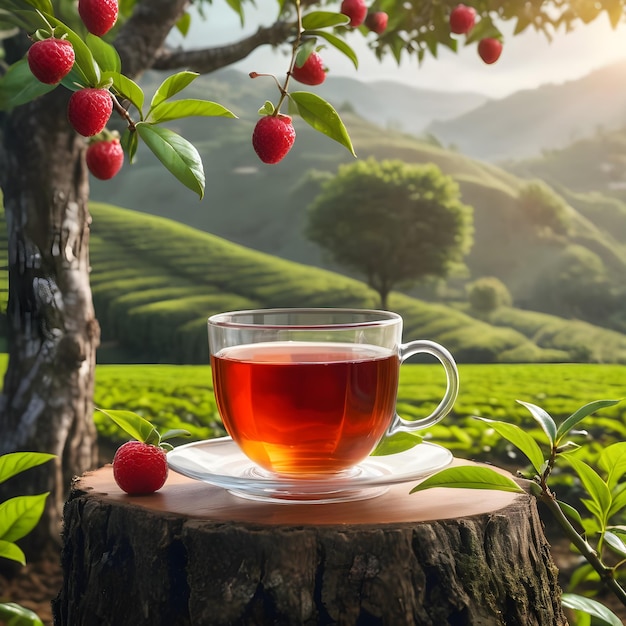 taza de té en el tronco del árbol del podio