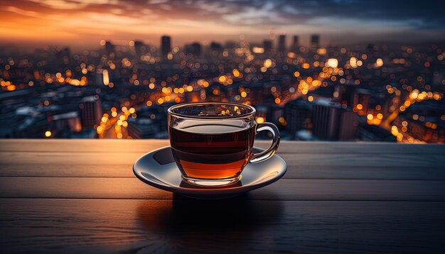 Foto una taza de té en el umbral de una ventana con una puesta de sol en el fondo