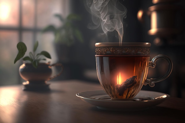 Una taza de té con vapor saliendo de ella