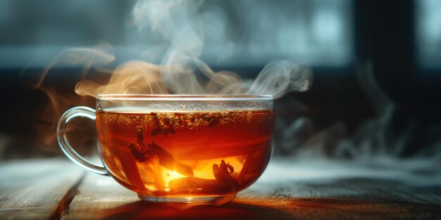 Una taza de té con el vapor subiendo