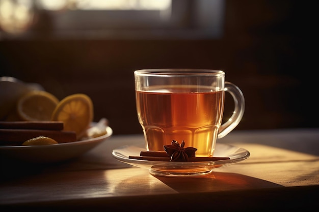 Una taza de té con un vaso de té en una mesa junto a un plato de dulces.