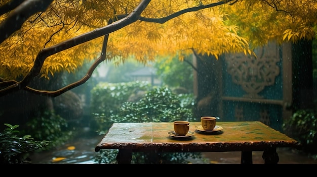 Taza de té en una ventana lluviosa hoja del día del estado de ánimo de otoño