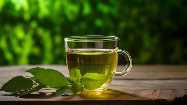 Una taza de té verde adornada con una mesa de madera y un fondo exuberante