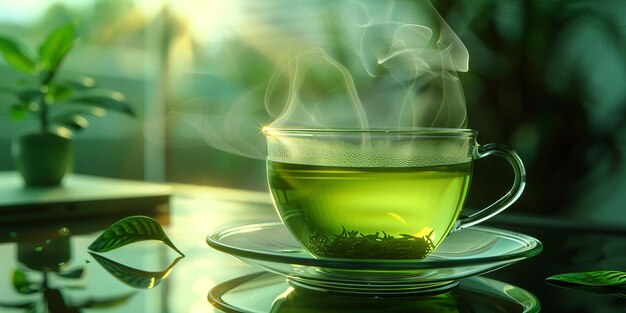 Foto taza de té verde con atmósfera relajante y vaporizador de taza de té de vidrio