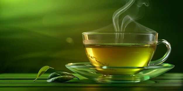 Foto taza de té verde con atmósfera relajante y vaporizador de taza de té de vidrio