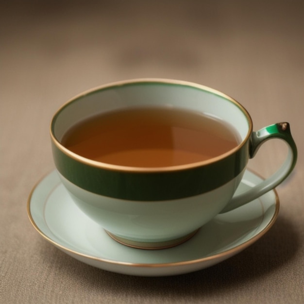 una taza de té verde con un borde verde se sienta en un platillo.