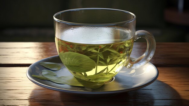 Taza de té verde y frascos de vidrio con hojas de té verde frescas en la mesa de madera IA generativa