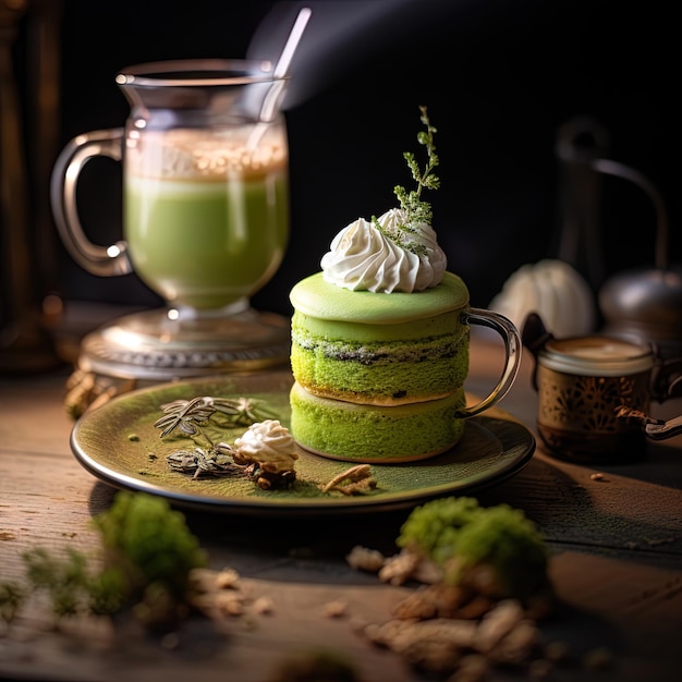 Una taza de té verde junto a una taza de café