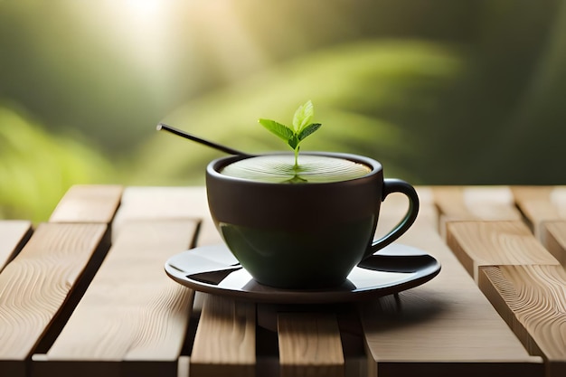 una taza de té verde con una planta encima