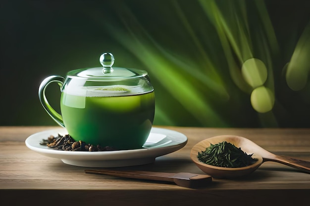 Una taza de té verde se sienta en una mesa de madera junto a una tetera con la palabra algas.