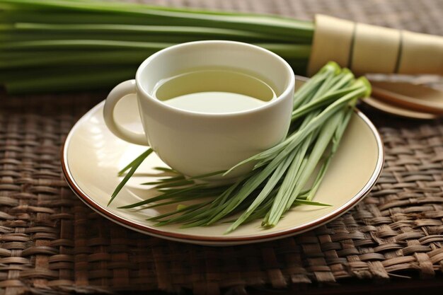 una taza de té verde se sienta en un plato con una tassa de té.