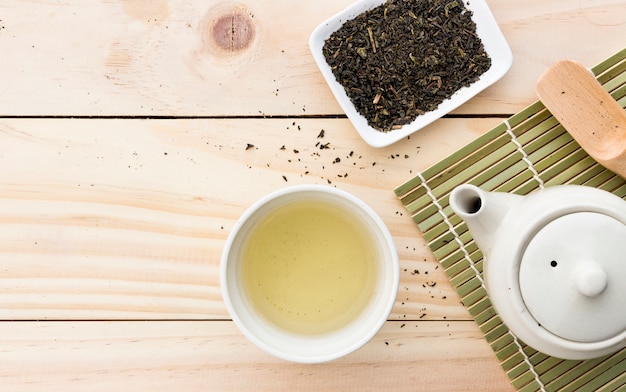 taza con té verde y tetera en el fondo de la mesa de madera