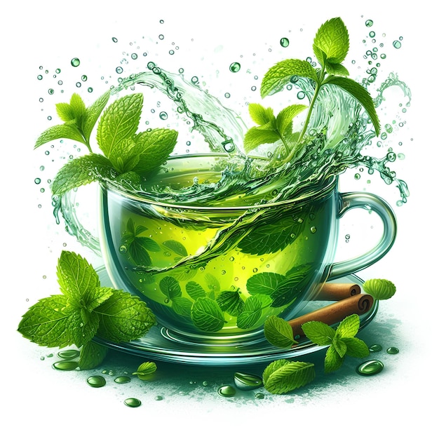 taza de té verde transparente con salpicaduras de té de menta aisladas sobre un fondo blanco