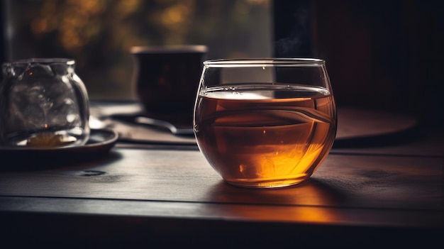 Una taza de té de vidrio caliente en una mesa de madera ambiente acogedor generado por IA