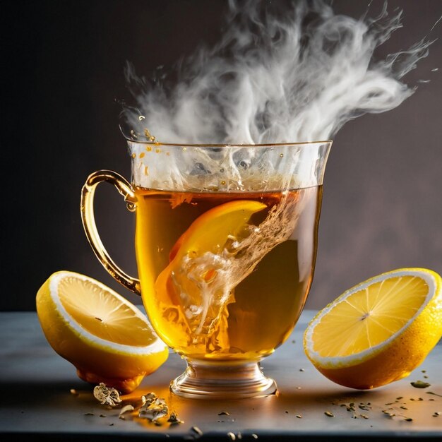 Taza de té en vidrio con fondo naranja