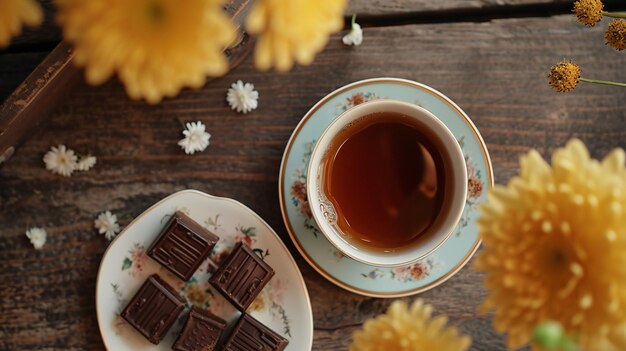 Taza de té vintage con golosinas de chocolate y flores amarillas