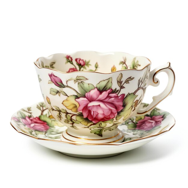 Taza de té vintage con patrón floral aislado sobre un fondo blanco