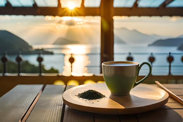 una taza de té con vista al lago y las montañas al fondo.
