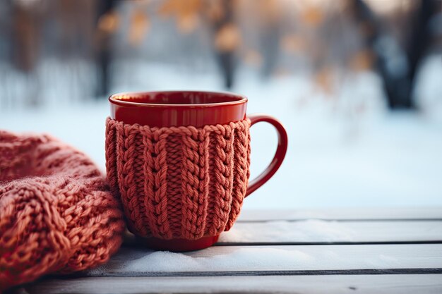 Taza de tejer roja de té de café caliente en el fondo de un paisaje nevado