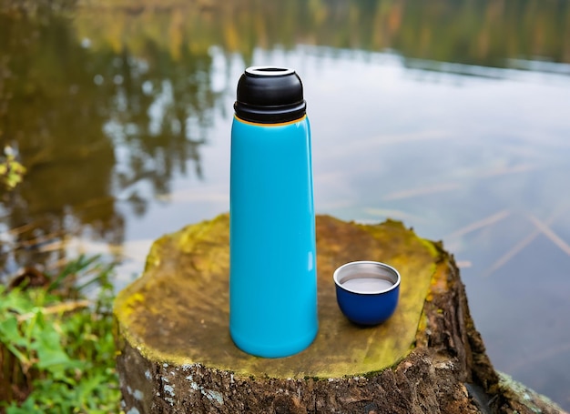 Foto una taza de termo humeante está en un lago con un termo de vacío azul en un tronco de árbol en la naturaleza